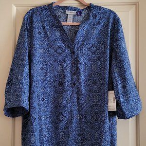 Catherines Blue Boho Plus Size 22/24 2X Petite Popover Tunic Shirt 3/4 sleeves